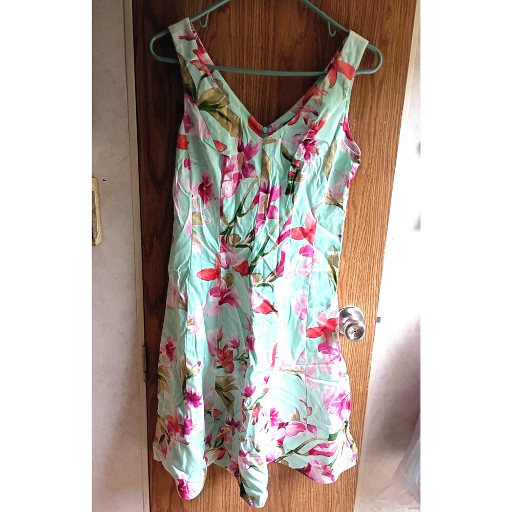 Chaps Mint Green Pink Floral Fit Flare Dress Size 4 V Neck Garden Party Cotton